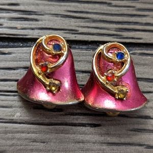 Vintage 70's/80's Pink and Gold Bell Earrings With 3 little gems on each one